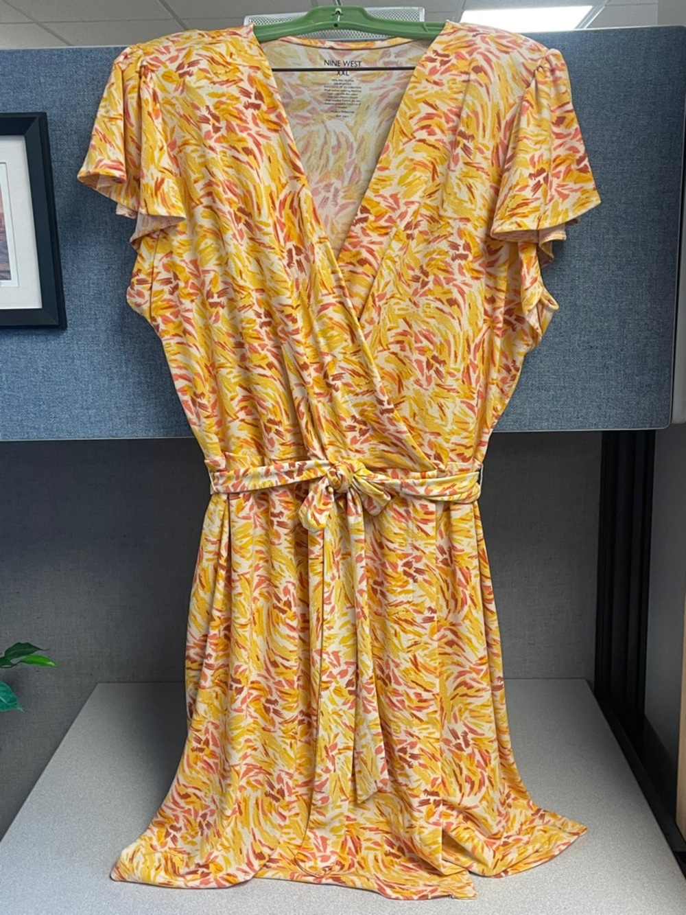 Nine West Yellow and Coral abstract pattern Wrap Dress with Tie Waist